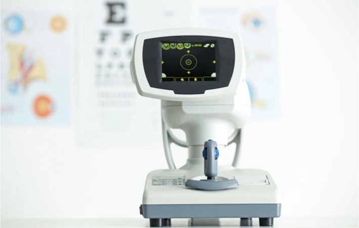Modern tonometer at an optometrist's office with an eye chart and other posters visible on the wall in the blurred background.